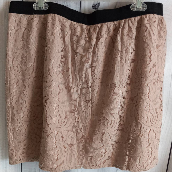 Ann Taylor LOFT | Blush Pink Lace Mini Skirt with Black Trim Waistline - Picture 3 of 8